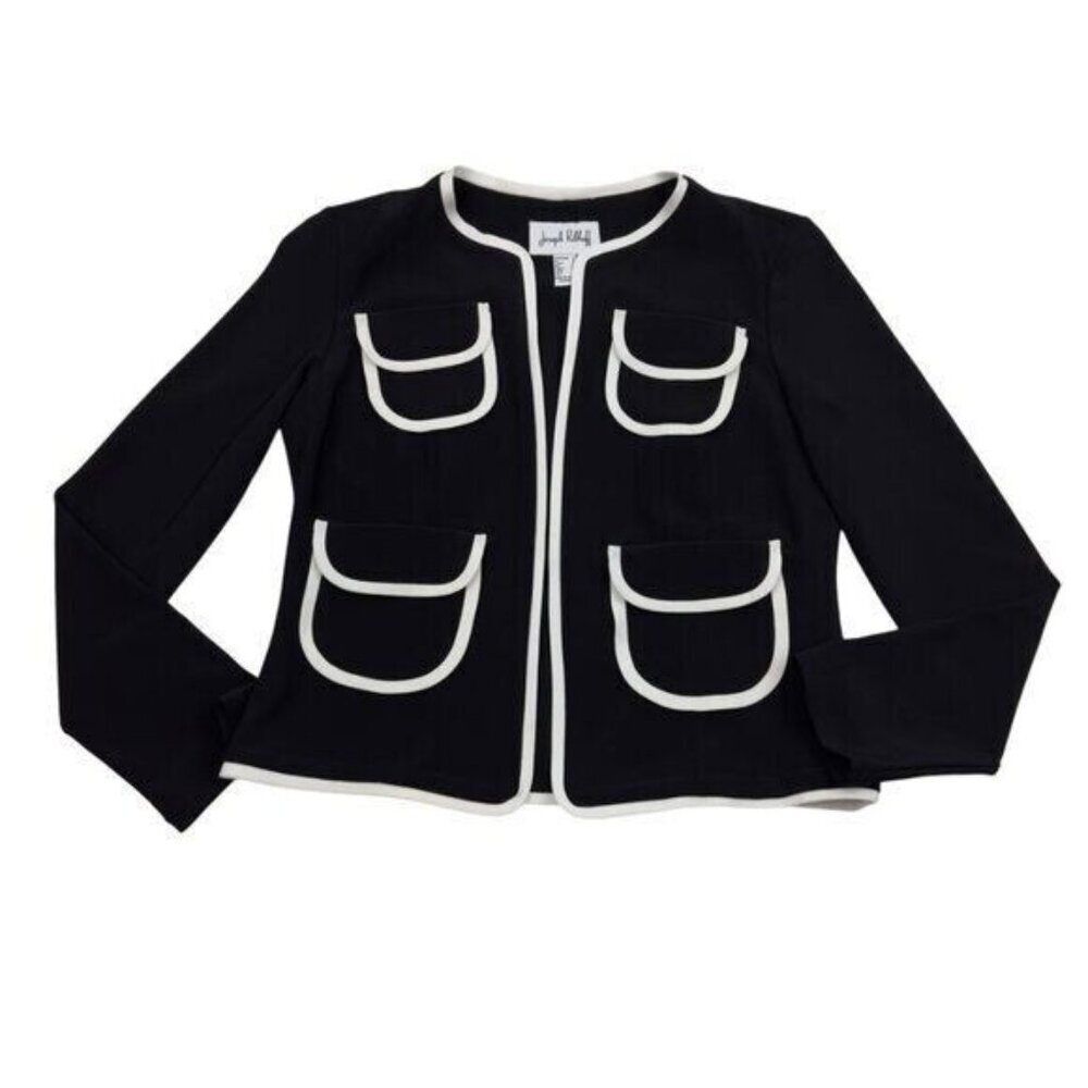 Joseph Ribkoff Black/White Piped Front Pocket Open Front Jacket Women's Size 6